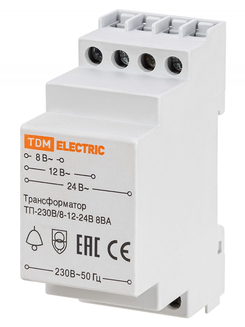Трансформатор понижающий (звонковый) ТП-230В/8-12-24В  8ВА DIN-рейка TDM