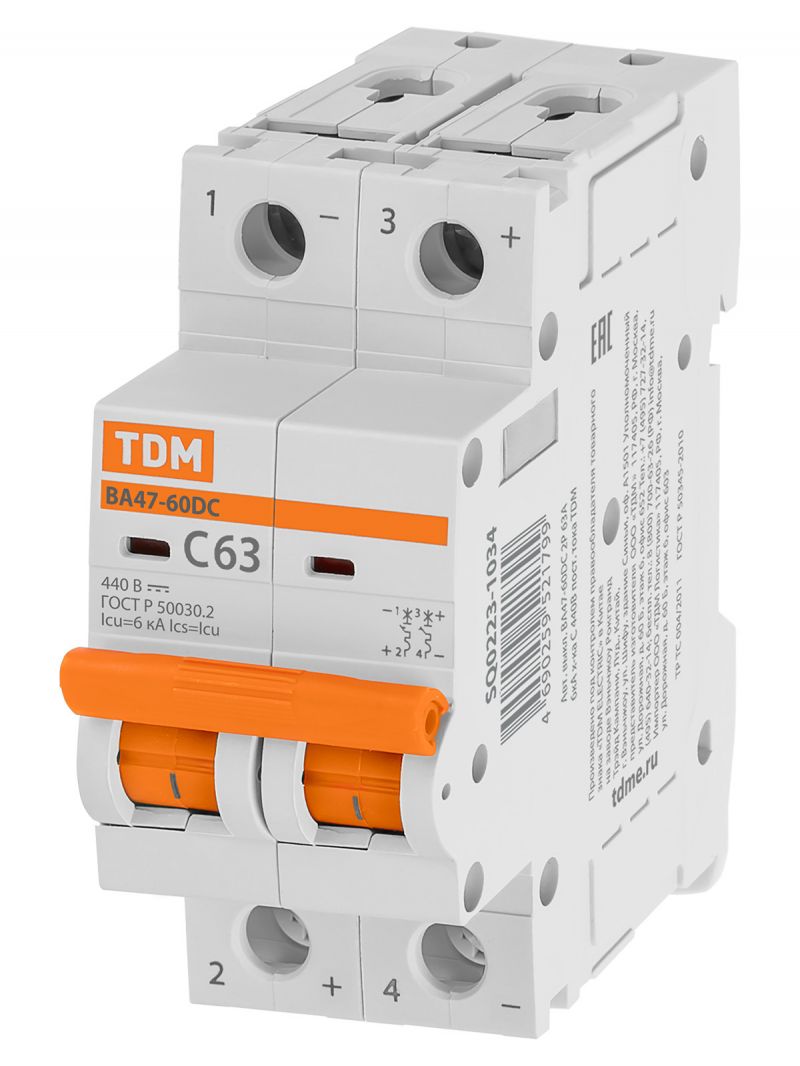 Автоматический выключатель ВА47-60DC 2P 63А 6кА х-ка С 440В пост. тока TDM