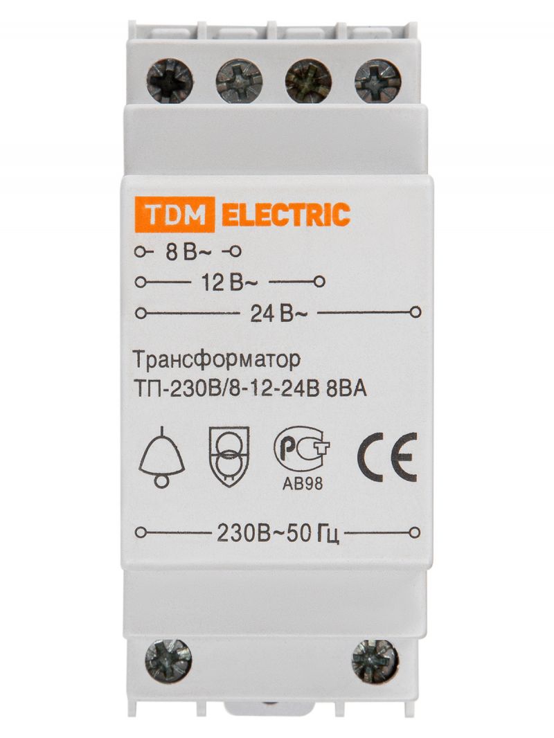 Трансформатор понижающий (звонковый) ТП-230В/8-12-24В  8ВА DIN-рейка TDM