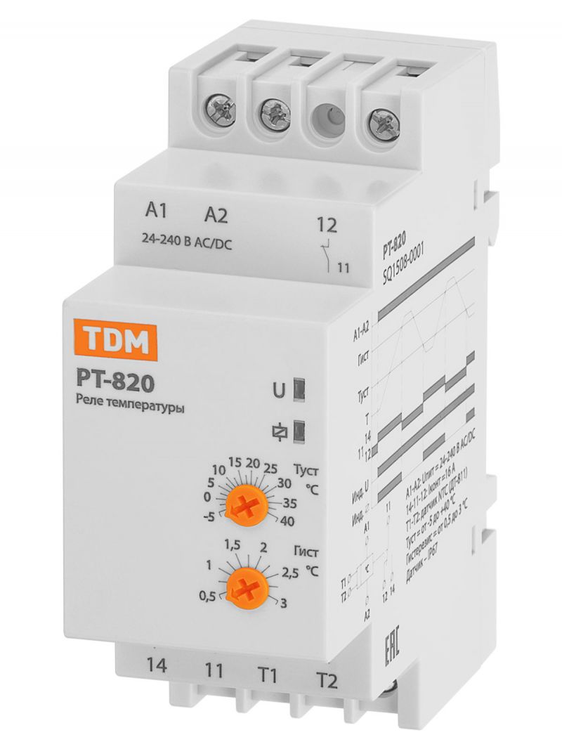 Реле температуры РТ-820 (-5+40С, 24-240В АС/DC, с датч. IP67) TDM