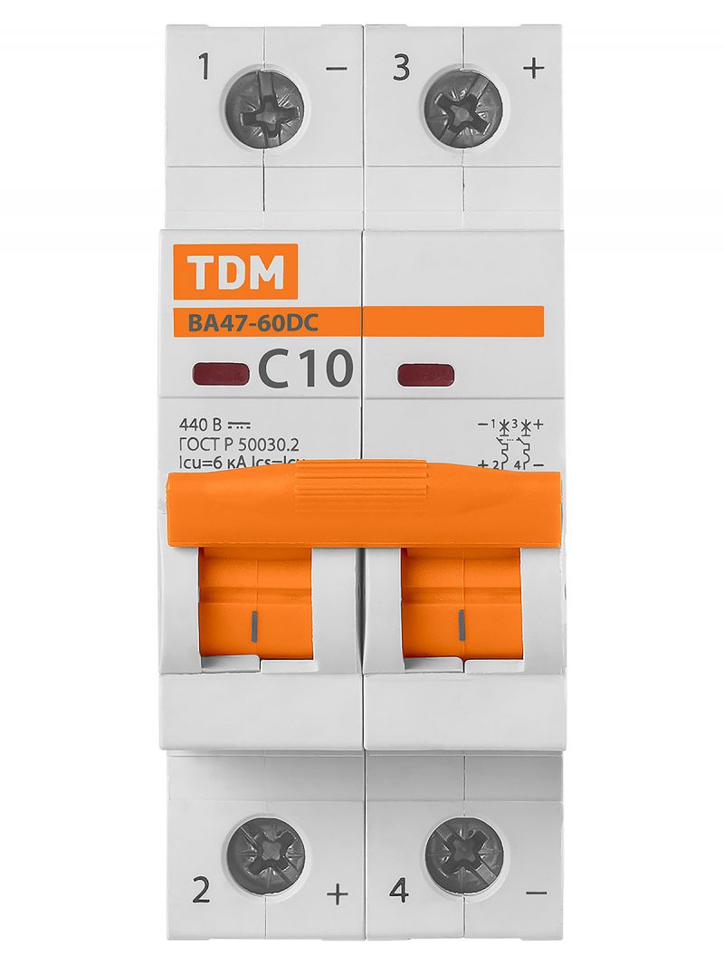 Автоматический выключатель ВА47-60DC 2P 10А 6кА х-ка С 440В пост. тока TDM