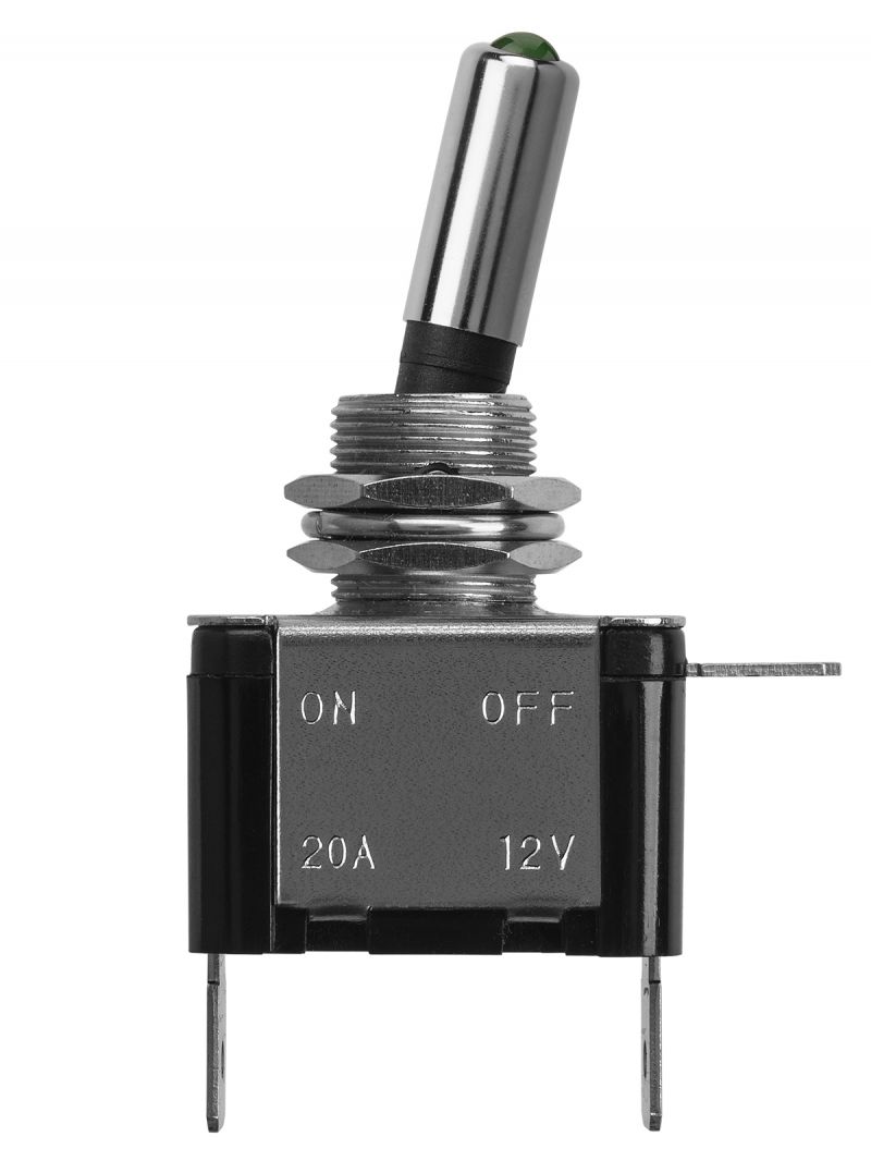 Выключатель-тумблер ASW-07D 1P 12В AC/DC 25А (3c) ON-OFF с фиксацией с зеленой LED подсветкой TDM