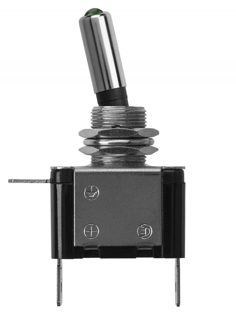 Выключатель-тумблер ASW-07D 1P 12В AC/DC 25А (3c) ON-OFF с фиксацией с зеленой LED подсветкой TDM
