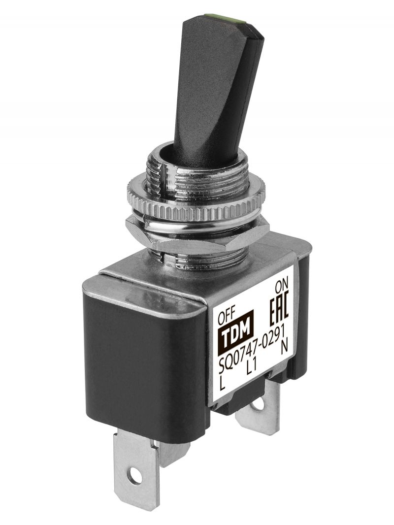 Выключатель-тумблер ASW-07D-2 1P 12В AC/DC 30А (3c) ON-OFF с фиксацией с зеленой LED подсветкой TDM