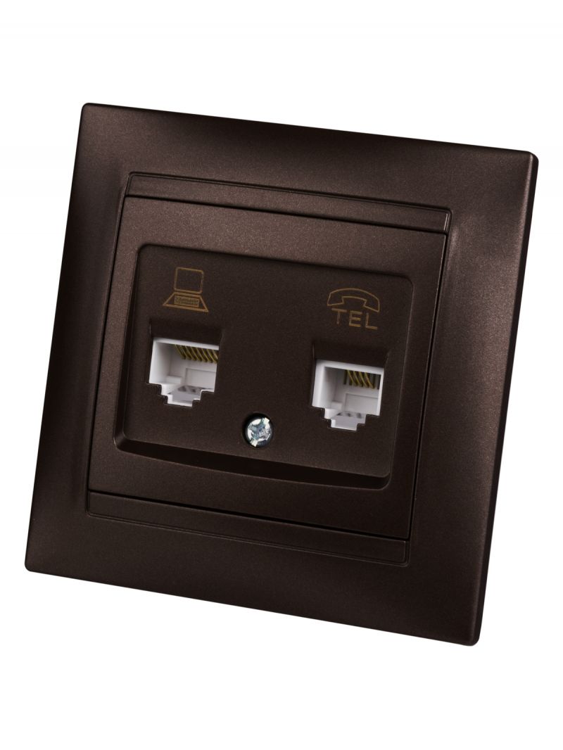 Розетка телефонная RJ11 + компьютерная RJ45 шоколад 