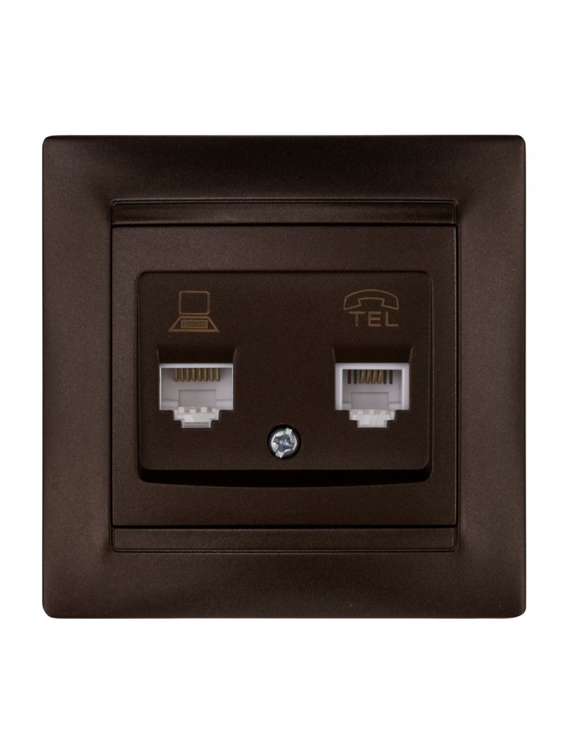 Розетка телефонная RJ11 + компьютерная RJ45 шоколад 