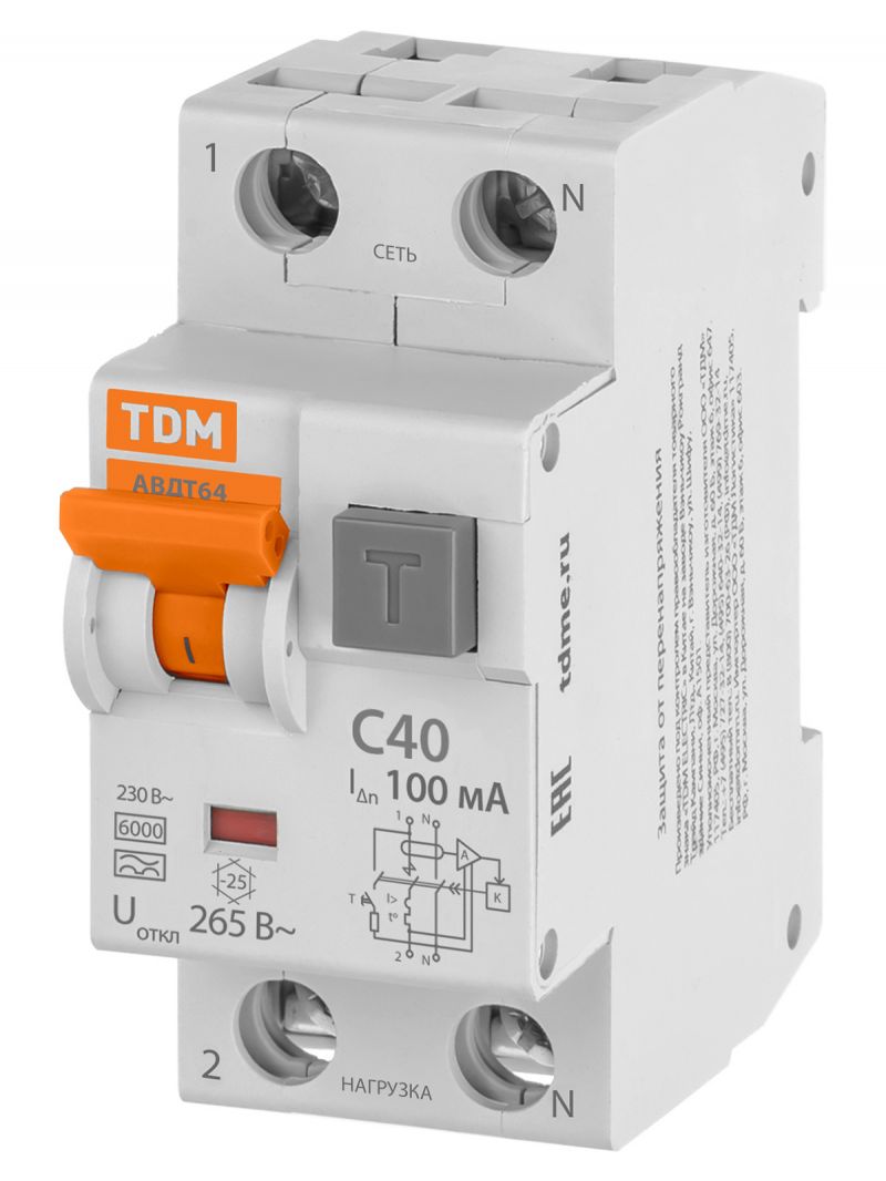 АВДТ 64 2Р(1Р+N) C40 100мА тип А защита 265В - Автоматический Выключатель Дифференциального тока  TDM