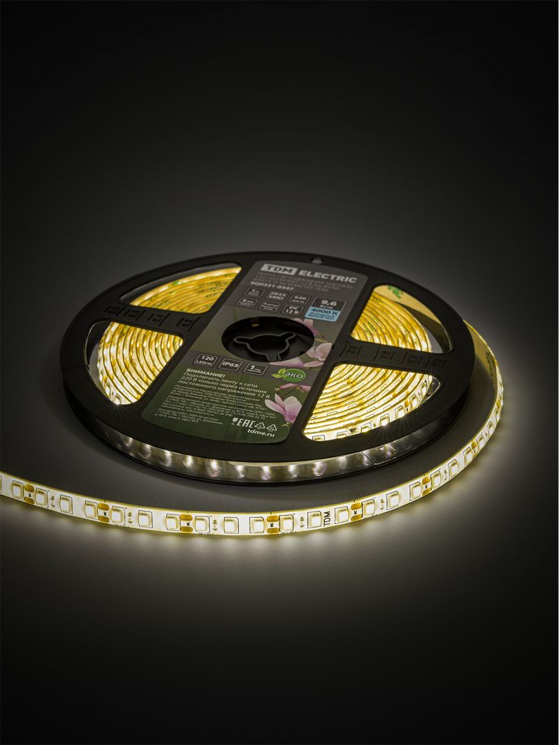 Лента светодиодная SMD2835-120 LED/м-IP65-12 В-9,6 Вт/м-4000 К (5 м) блистер TDM