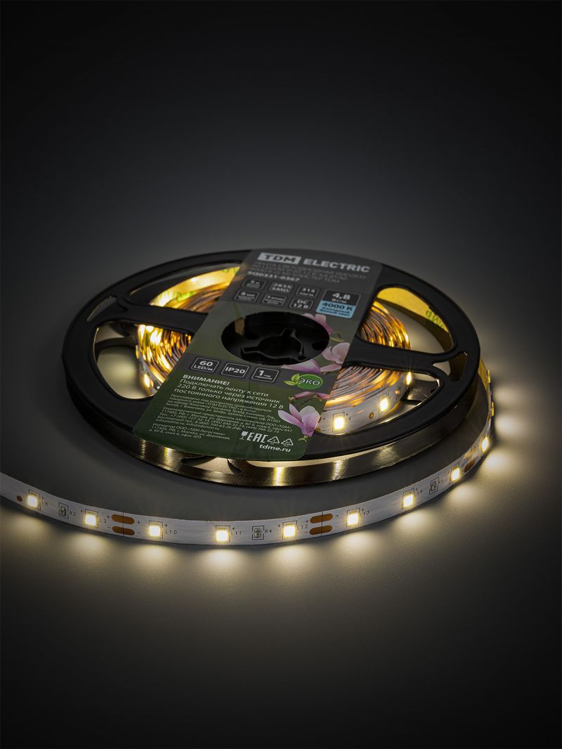 Лента светодиодная SMD2835-60 LED/м-IP20-12 В-4,8 Вт/м-4000 К (5 м) блистер TDM