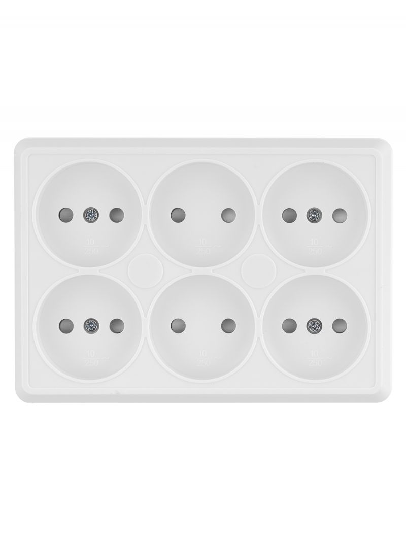Розетка шестиместная 2П открытой установки IP20 10A с защитными шторками белая 