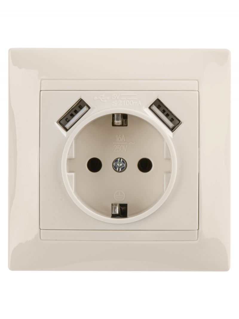 Розетка 2П+З 16А 250В + 2 USB порта 2,1А 5В сл.кость 
