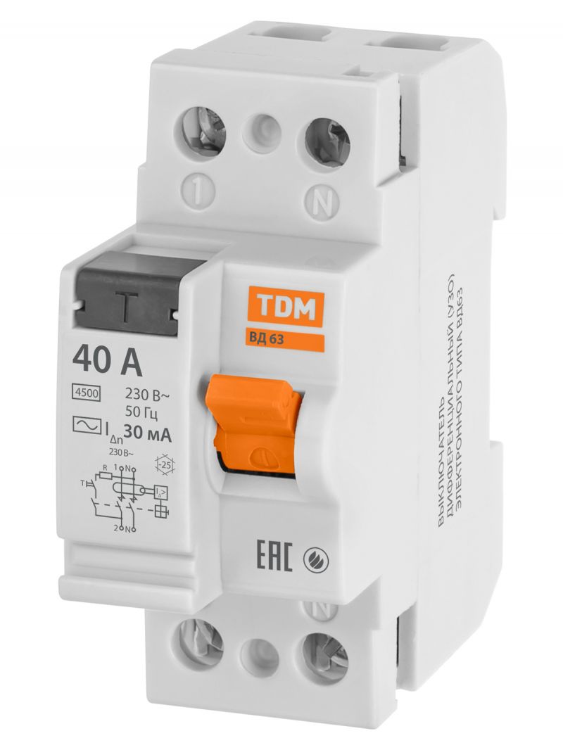 Устройство защитного отключения ВД63 2Р 40А 30мА (электронное) TDM