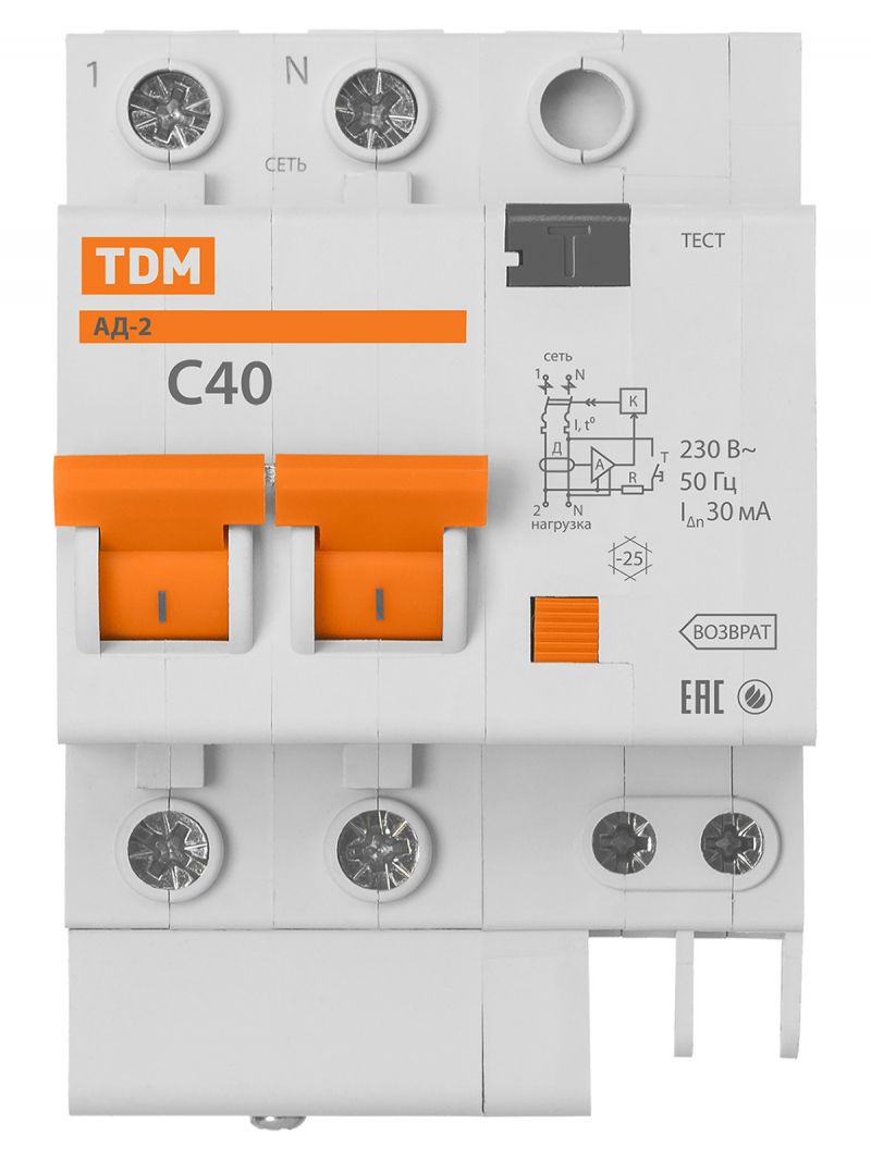Дифференциальный автомат АД-2 2Р, C40, 30 мА, 4,5 кА, тип АС, TDM