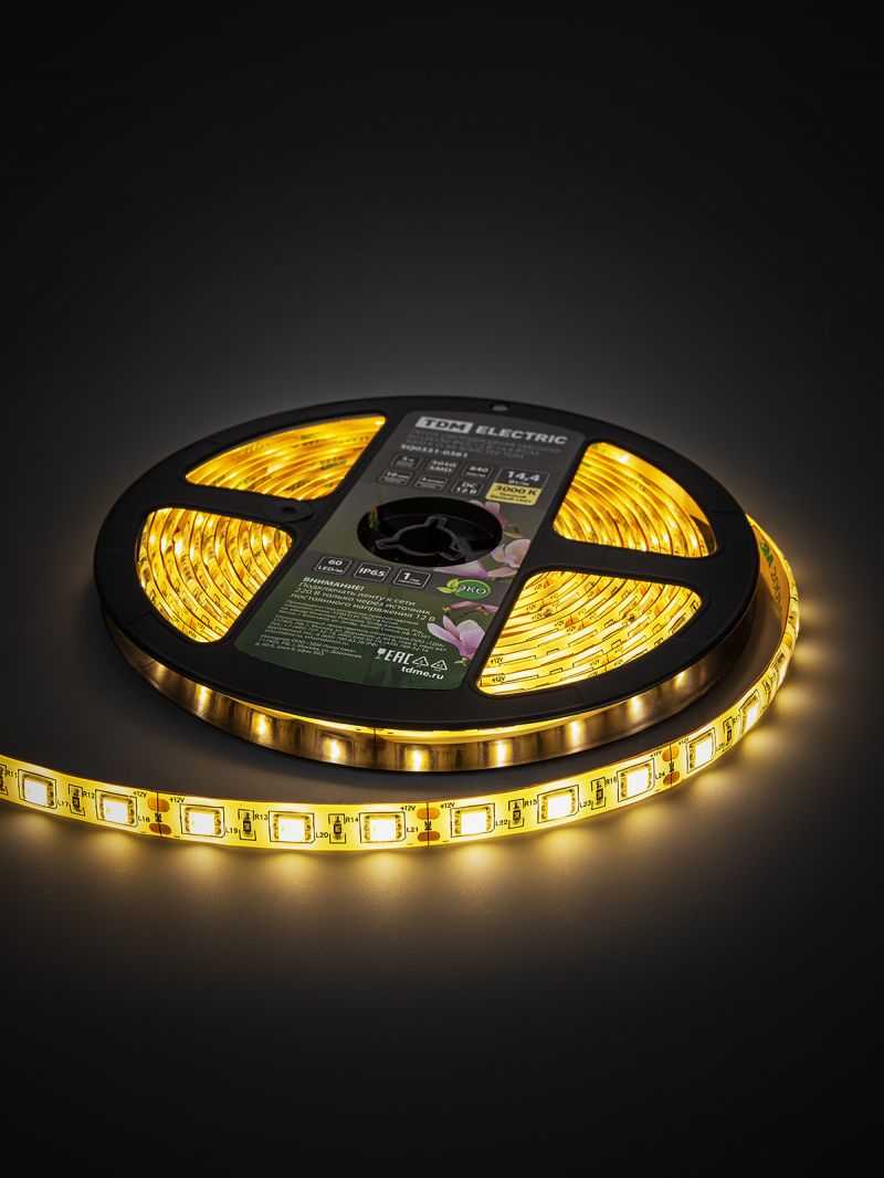 Лента светодиодная SMD5050-60 LED/м-IP65-12 В-14,4 Вт/м-3000 К (5 м) блистер TDM