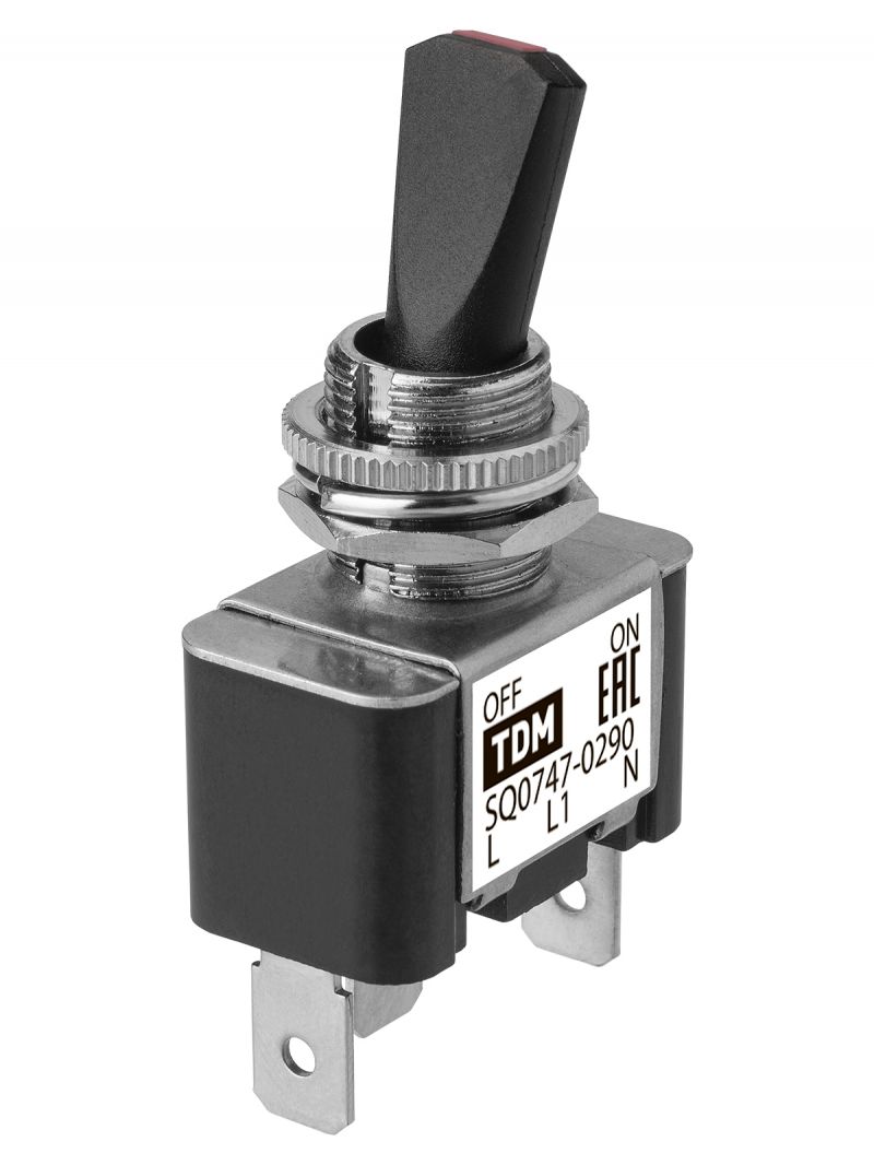 Выключатель-тумблер ASW-07D-2 1P 12В AC/DC 30А (3c) ON-OFF с фиксацией с красной LED подсветкой TDM