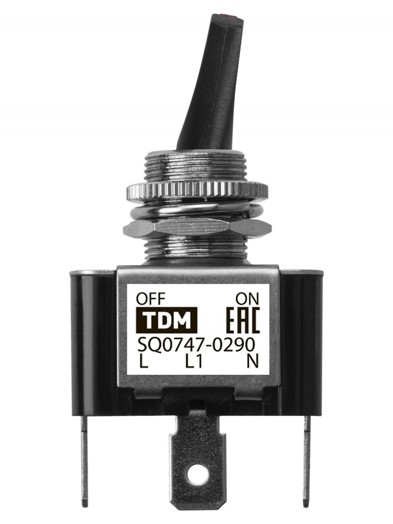 Выключатель-тумблер ASW-07D-2 1P 12В AC/DC 30А (3c) ON-OFF с фиксацией с красной LED подсветкой TDM