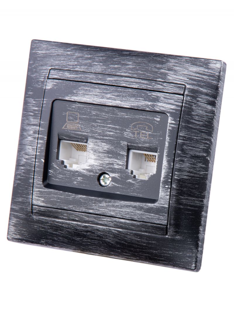 Розетка телефонная RJ11 + компьютерная RJ45 старинное серебро 