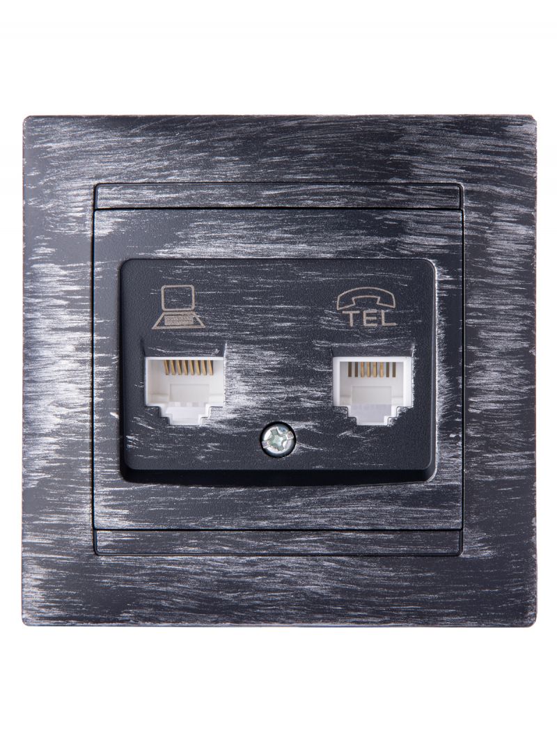 Розетка телефонная RJ11 + компьютерная RJ45 старинное серебро 