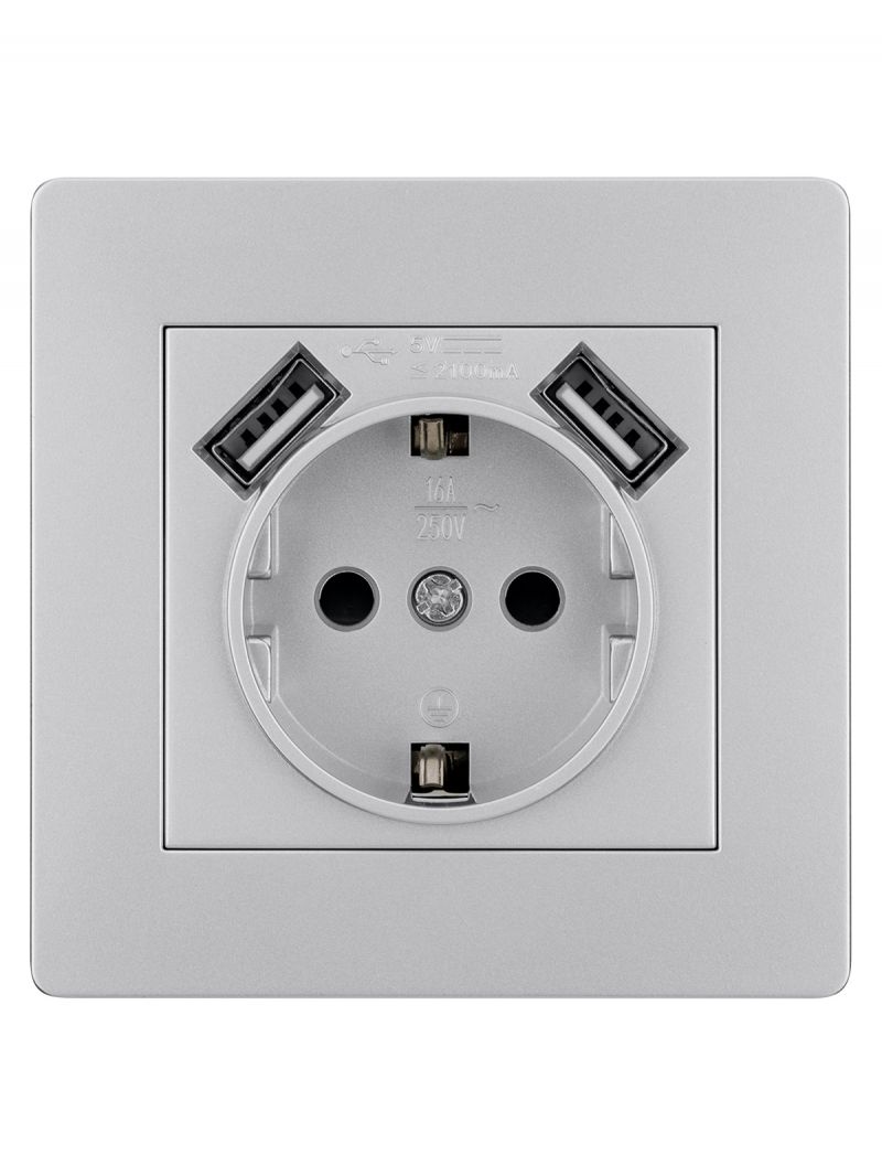 Розетка 2П+З 16А 250В + 2 USB порта 2,1А 5В серебр. металлик 