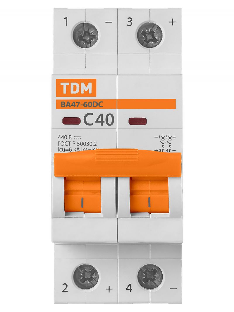 Автоматический выключатель ВА47-60DC 2P 40А 6кА х-ка С 440В пост. тока TDM