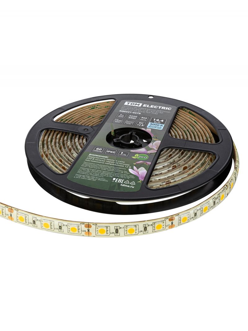 Лента светодиодная SMD5050-60 LED/м-IP65-12 В-14,4 Вт/м-4000 К (5 м) блистер TDM