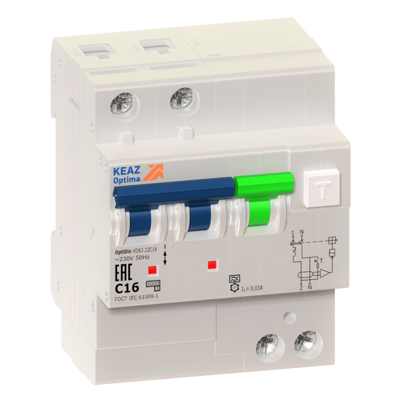 Выключатель автоматический дифференциального тока 2п C 20А 30мА тип A 6кА OptiDin VD63 УХЛ4 КЭАЗ 103454