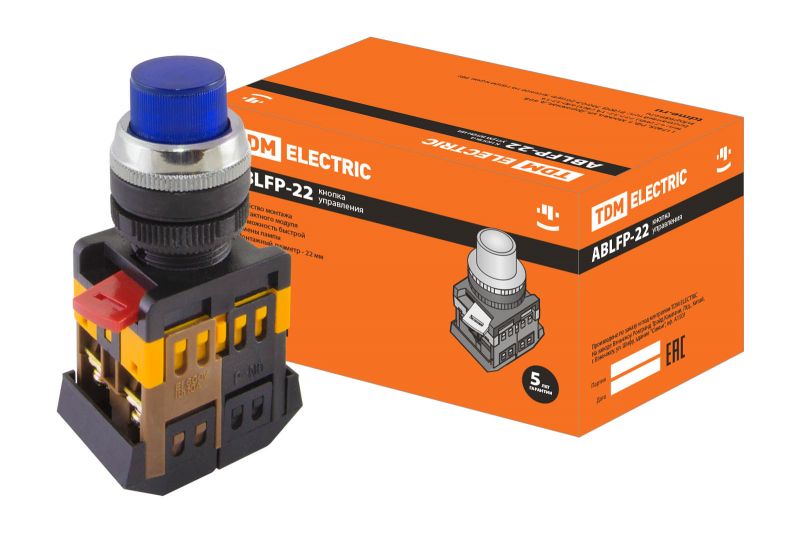 Кнопка ABLFP-22 синий d22мм неон/230В 1з+1р TDM