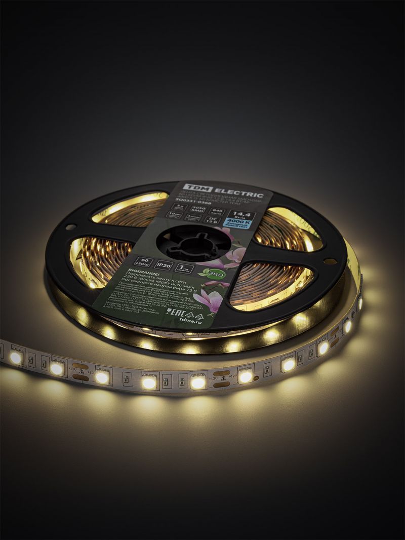 Лента светодиодная SMD5050-60 LED/м-IP20-12 В-14,4 Вт/м-4000 К (5 м) блистер TDM