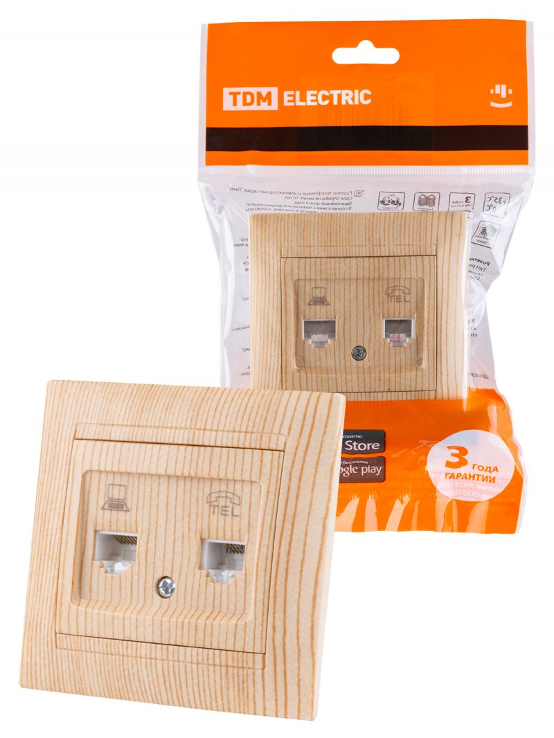 Розетка телефонная RJ11 + компьютерная RJ45 сосна 