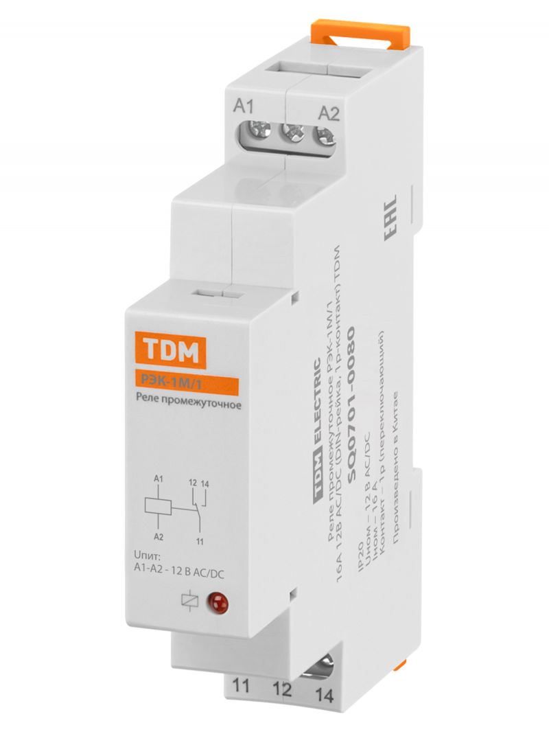 Реле промежуточное РЭК-1М/1 16А  12В АС/DC (DIN-рейка, 1р-контакт) TDM
