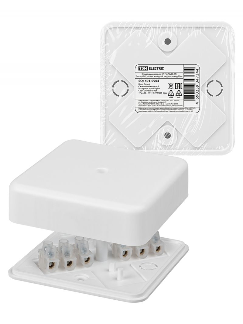 Коробка распаячная КР 75х75х20 ОП белая, IP40, с клем. колодкой,  инд. штрихкод TDM