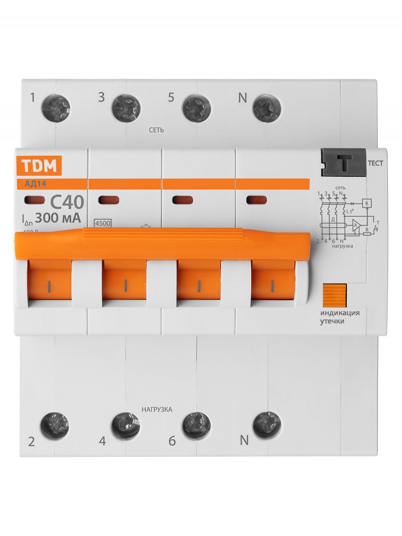 Диф. автомат АД14 4P, C40, 300 мА, 4,5 кА, тип АС, 5 мод, TDM