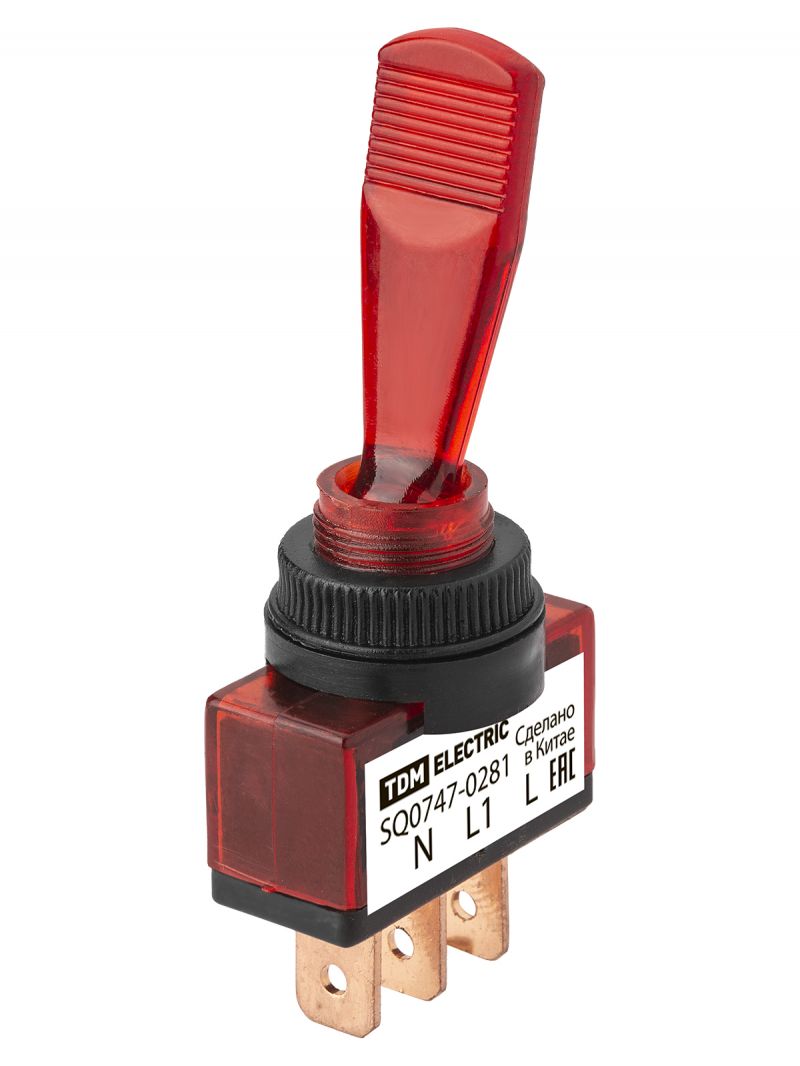 Выключатель-тумблер ASW-13D 1P 12В AC/DC 20А (3c) ON-OFF с фиксацией с красной LED подсветкой TDM