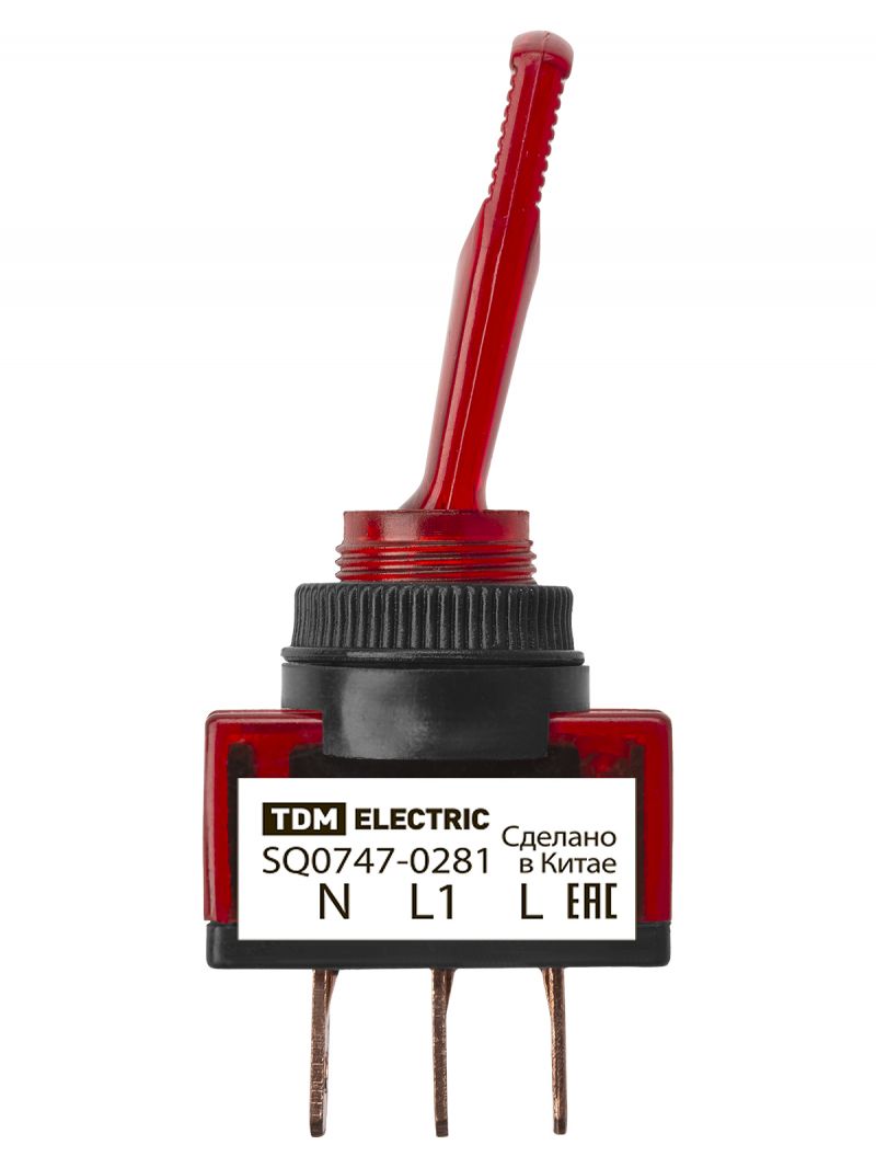 Выключатель-тумблер ASW-13D 1P 12В AC/DC 20А (3c) ON-OFF с фиксацией с красной LED подсветкой TDM