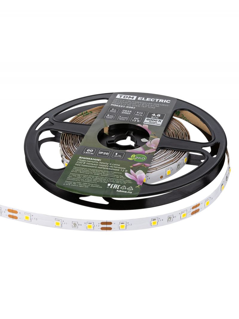 Лента светодиодная SMD2835-60 LED/м-IP20-12 В-4,8 Вт/м-6000 К (5 м) блистер TDM