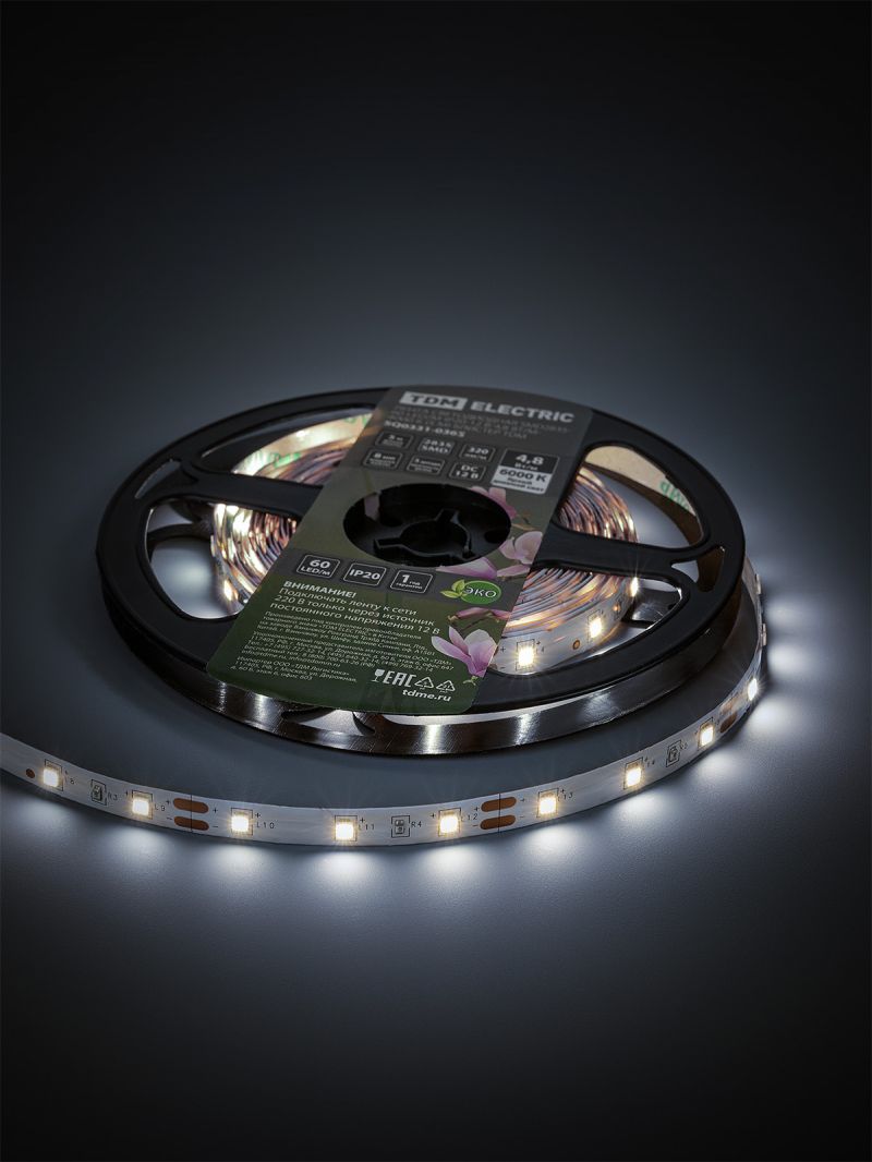 Лента светодиодная SMD2835-60 LED/м-IP20-12 В-4,8 Вт/м-6000 К (5 м) блистер TDM