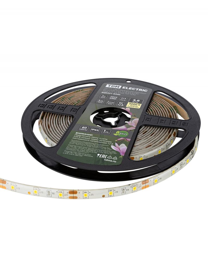 Лента светодиодная SMD2835-60 LED/м-IP65-12 В-4,8 Вт/м-3000 К (5 м) блистер TDM