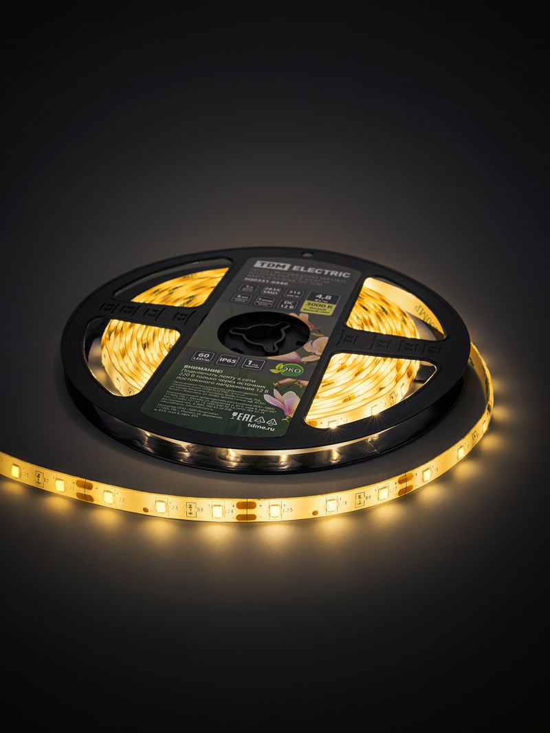 Лента светодиодная SMD2835-60 LED/м-IP65-12 В-4,8 Вт/м-3000 К (5 м) блистер TDM