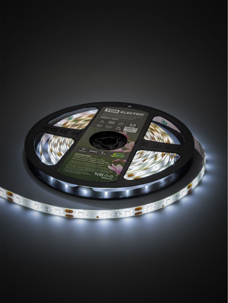 Лента светодиодная SMD2835-60 LED/м-IP65-12 В-4,8 Вт/м-6000 К (5 м) блистер TDM