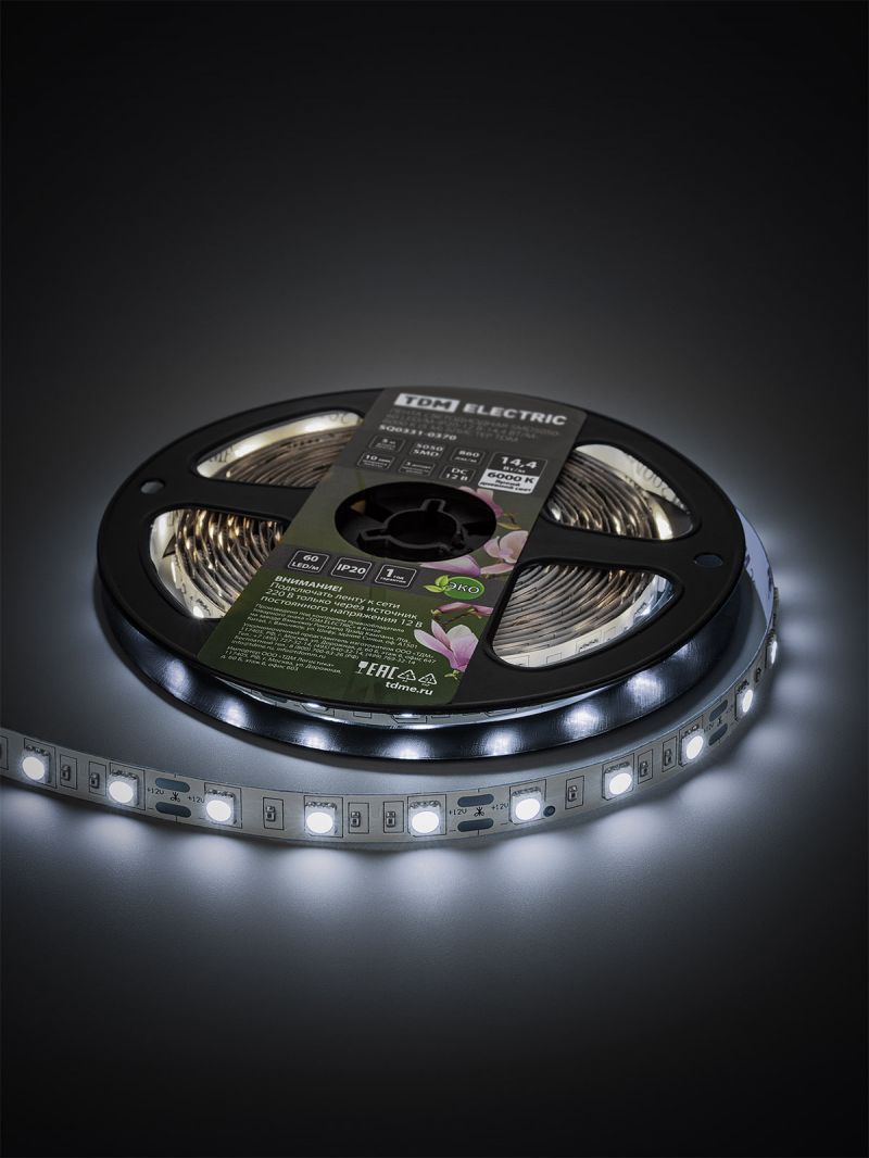 Лента светодиодная SMD5050-60 LED/м-IP20-12 В-14,4 Вт/м-6000 К (5 м) блистер TDM