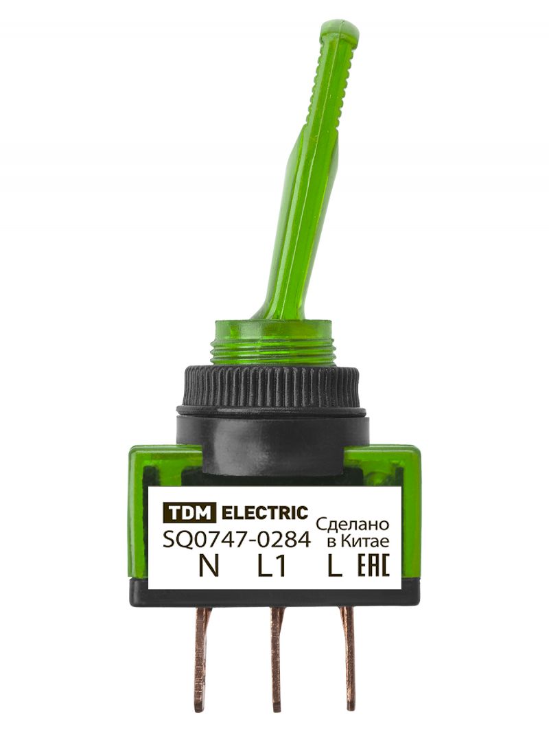 Выключатель-тумблер ASW-13D 1P 12В AC/DC 20А (3c) ON-OFF с фиксацией с зеленой LED подсветкой TDM