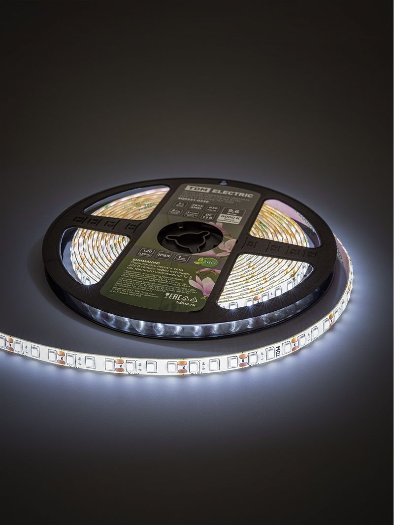 Лента светодиодная SMD2835-120 LED/м-IP65-12 В-9,6 Вт/м-6000 К (5 м) блистер TDM