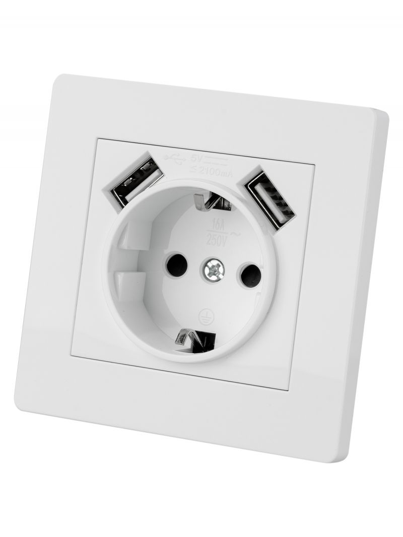Розетка 2П+З 16А 250В + 2 USB порта 2,1А 5В белая 
