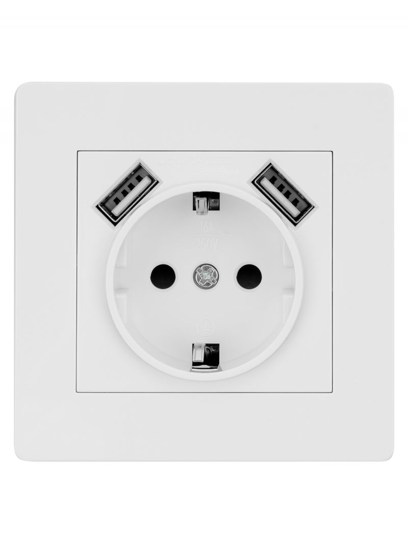 Розетка 2П+З 16А 250В + 2 USB порта 2,1А 5В белая 