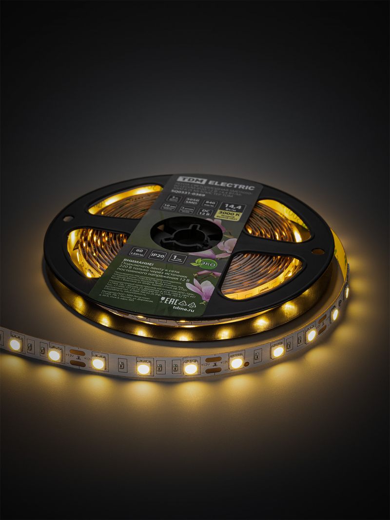 Лента светодиодная SMD5050-60 LED/м-IP20-12 В-14,4 Вт/м-3000 К (5 м) блистер TDM