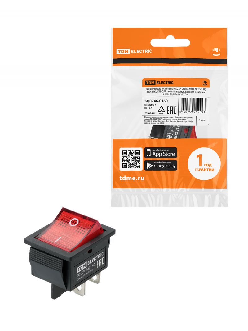 Выключатель клавишный KCD4-201N 250В AC/DC, 2P, 16А, (4с), ON-OFF, черный корпус, красная клавиша с LED подсветкой TDM