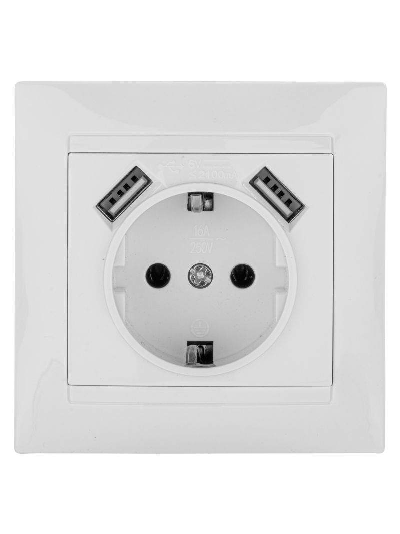 Розетка 2П+З 16А 250В + 2 USB порта 2,1А 5В белая 