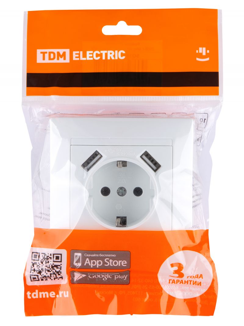 Розетка 2П+З 16А 250В + 2 USB порта 2,1А 5В белая 