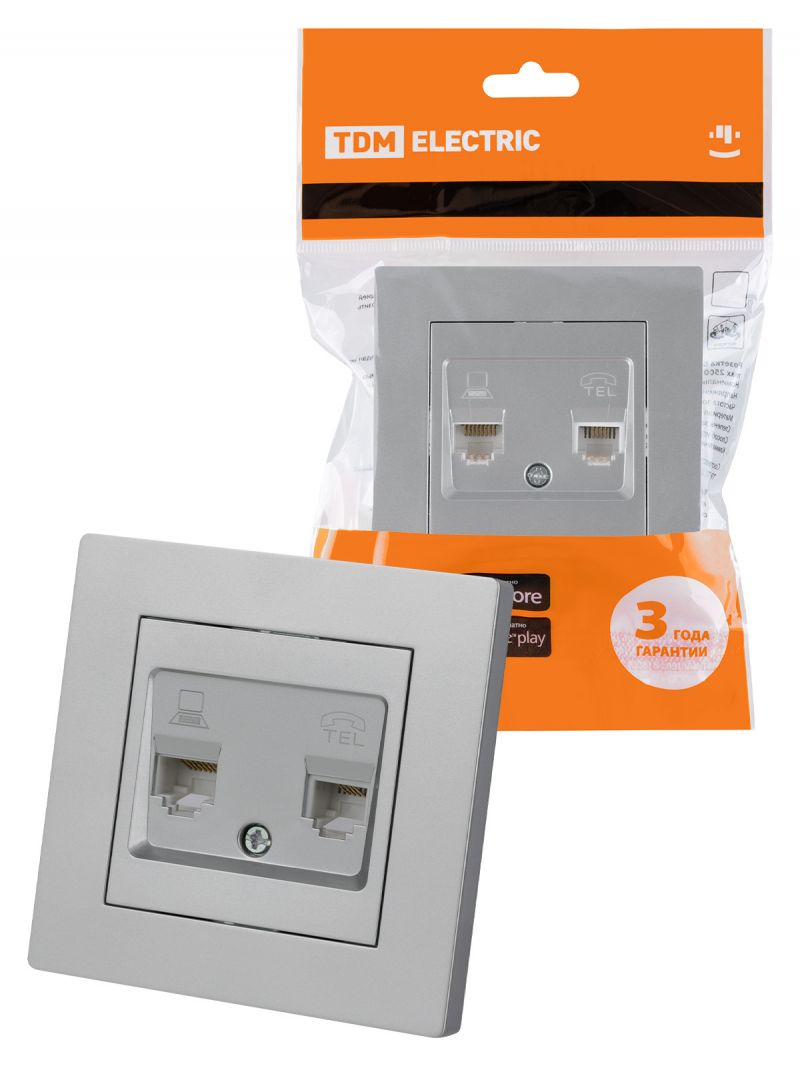 Розетка телефонная RJ11 + компьютерная RJ45 серебр. металлик 