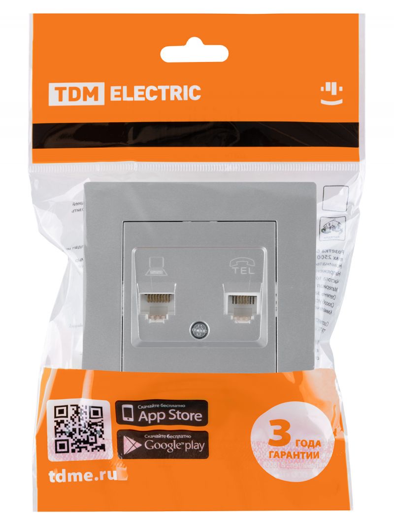 Розетка телефонная RJ11 + компьютерная RJ45 серебр. металлик 